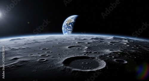 Stunning View of Earth Rising Over the Moons Cratered Surface.