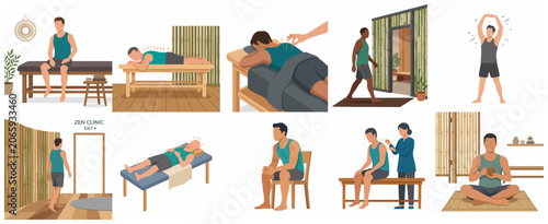 Vector Illustration Set of a Man Receiving Acupuncture Therapy and Holistic Wellness Treatments in a Zen Clinic