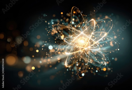 Abstract atom graphic, glowing particles