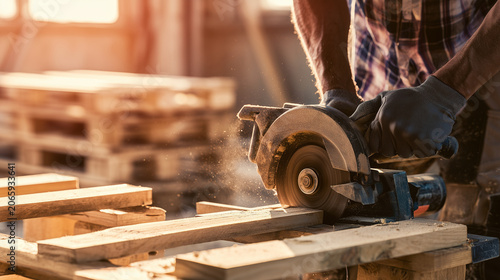 Carpenter building custom pallet furniture for a modern interior , one man using saw, worker using industrial saw, work, creates furniture from pallets, photo style