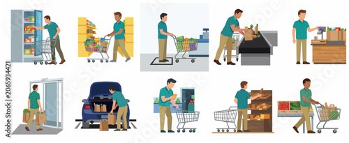Vector illustrations of a man's grocery shopping journey, from choosing products to checkout and loading the car.
