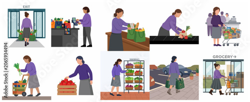 Set of flat vector illustrations depicting a woman's grocery shopping journey from picking produce to checkout and leaving the supermarket.