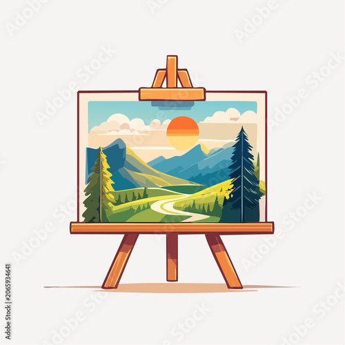 Painting of a scenic landscape on an easel