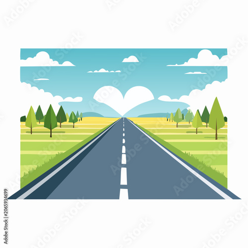 Straight Road Leading to Heart-Shaped Clouds