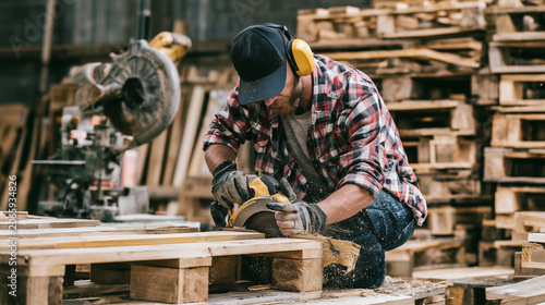 Craftsman making sustainable furniture from recycled shipping pallets , one man using saw, worker using industrial saw, work, creates furniture from pallets, photo style