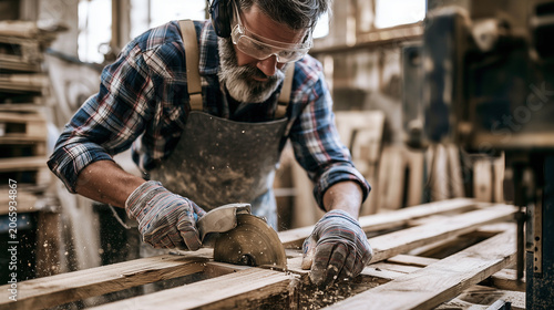 Craftsman shaping pallet wood for a handmade cabinet project , one man using saw, worker using industrial saw, work, creates furniture from pallets, photo style