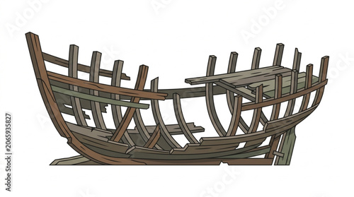 Konstfotografi Ancient wooden ship hull skeleton structure isolated on white background