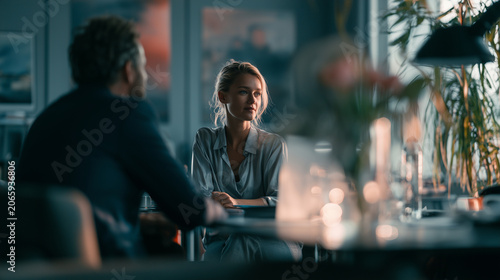 Professional interview conversation with recruiter in focus, cinematic corporate lifestyle photography