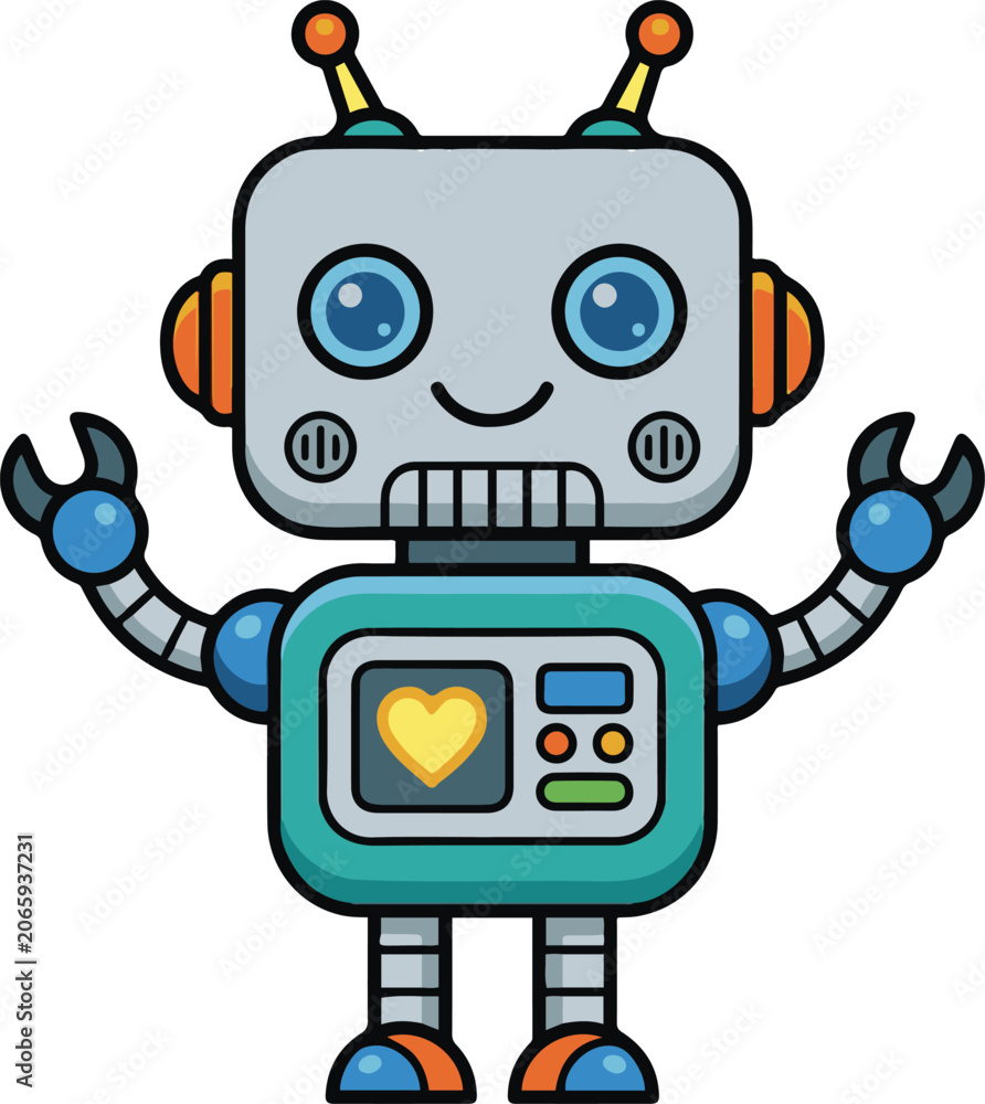 Naklejka premium Cute cartoon robot mascot character with a smiling face, colorful mechanical details, and friendly design. Ideal for technology, AI, education, children's projects, apps, stickers, and digital innovat