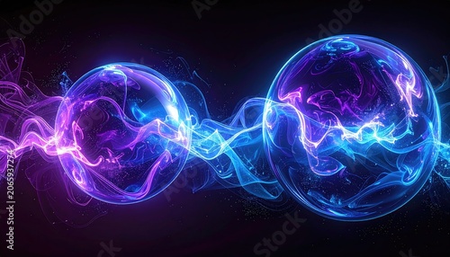 Two glowing orbs linked by swirling energy on a dark background, visually striking