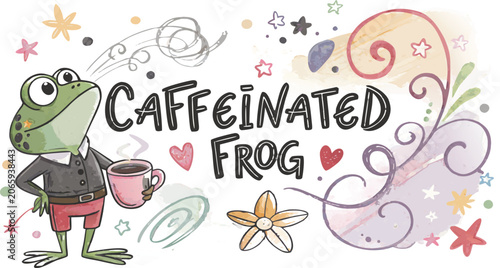 A cartoon frog holding a coffee cup with caffeinated frog text