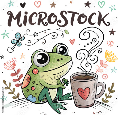 A cute green frog sits next to a steaming cup of coffee