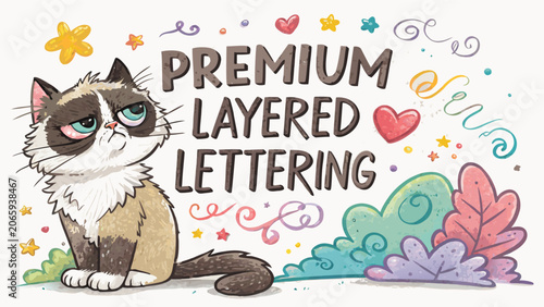 Grumpy cat with layered lettering and floral