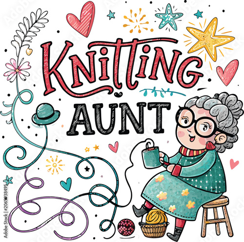 Knitting aunt typography with a cute grandmother