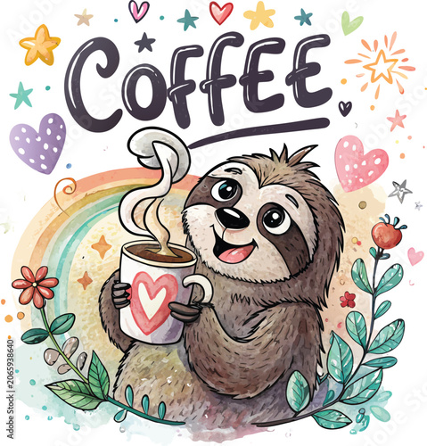 A cute sloth holding a hot coffee mug with rainbow background