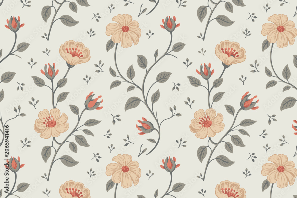 Fototapeta premium Floral Pattern Design: A seamless, vintage-inspired floral pattern featuring delicate rose blooms and subtle leafy vines on a cream background, evoking a sense of timeless elegance and natural beauty.