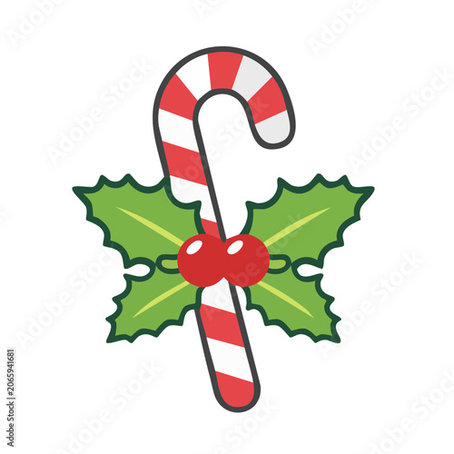 Candy Cane with Holly and Berries Illustration