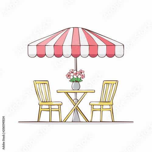 Outdoor Cafe Table with Umbrella and Flowers