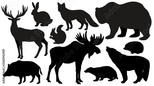 Silhouette of Forest Wildlife Animals in Minimalist Black and White Vector Illustration
