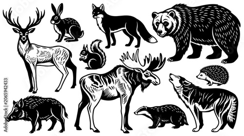 Silhouette Animal Collection in Black and White Minimalist Line Art Style