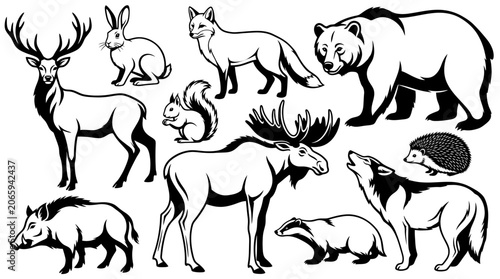 Silhouette of Forest Animals in Minimalist Black and White Line Art Illustration
