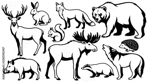 Black and white wildlife animal silhouettes collection in minimalist line art style