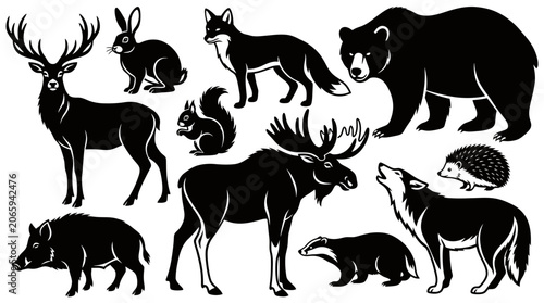 Silhouette of Forest Wildlife Animals in Minimalist Black and White Line Art Style