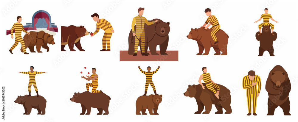 Fototapeta premium Circus Bear Tamer Performance Set with Men in Striped Costumes Training and Riding Bears