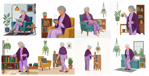 Foto Elderly woman daily routine at home vector illustration set including reading dr