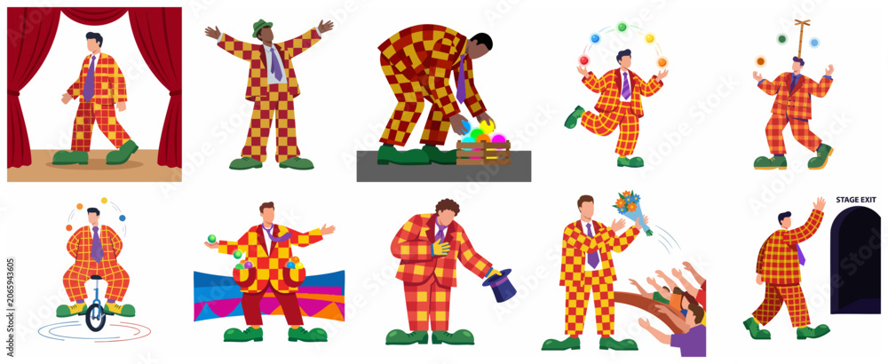 Fototapeta premium Circus Performer Character Set in Flat Vector Style Featuring Juggling, Unicycling, and Stage Performance Scenes