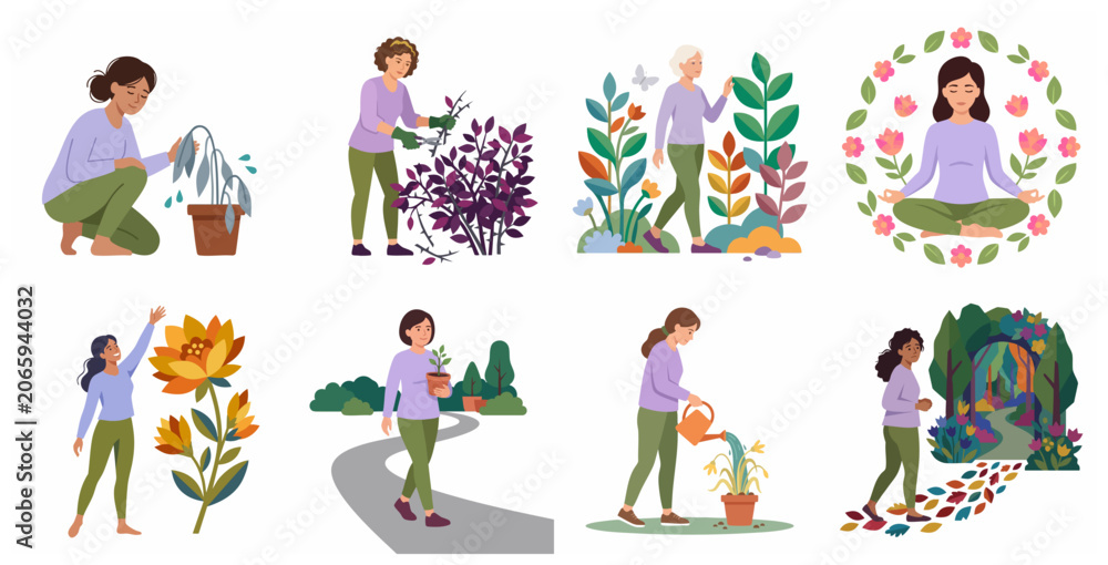 Fototapeta premium Set of flat illustrations showing women gardening, meditating, and enjoying nature for mental wellness, self-care, and growth concept