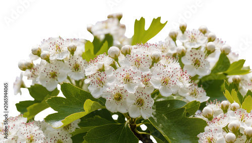 Photography Isolated beautiful blooming hawthorn flowers with fresh green leaves and delicat