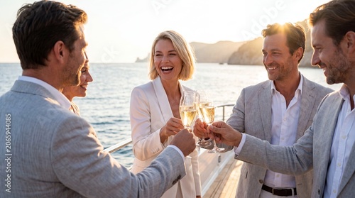 Group of friends in elegant suits toasting with champagne on a luxury yacht at sunset.