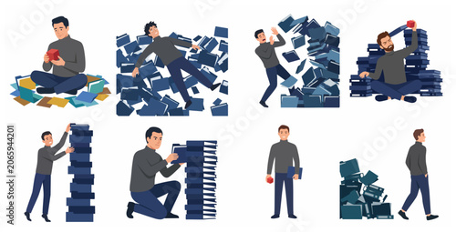 Set of illustrations of a businessman managing heavy workload, document organization, and office stress with stacks of folders and files.