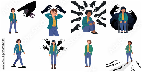 Set of vector illustrations depicting women facing mental health challenges, social pressure, workplace harassment, and anxiety symptoms.