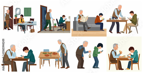 Bild auf Leinwand Set of illustrations depicting generation gap, technology addiction, and isolati