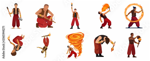 Photography Flat vector illustration set of male fire breather and performer in various dyna