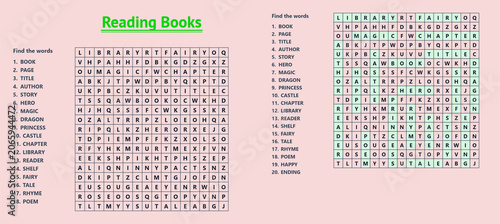 Word search puzzle for reading books on pink background  