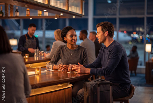Travelers talking at airport bar during night layover and chance encounter