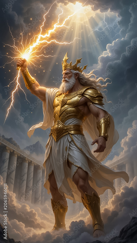Naklejka premium Zeus Greek God of Thunder Holding Lightning in Storm Clouds