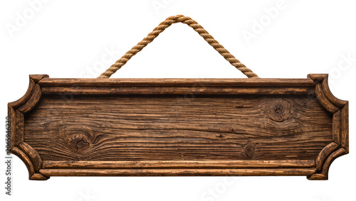 Fotografie Isolated old textured wooden sign with decorative frame and hanging braided rope