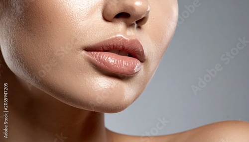Close-up of glossy lips and surrounding skin, well-lit, smooth texture, against a gray background
