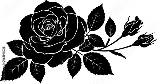 Black silhouette of rose. Vector illustration of black silhouette of rose with rosebud and leaves on a white background. Transparent EPS version.