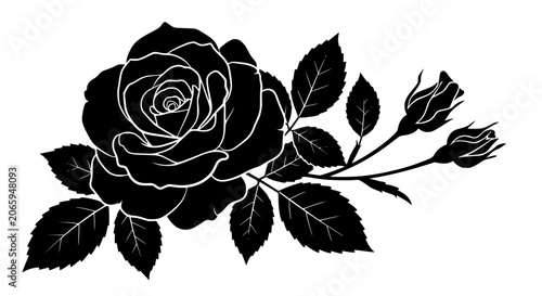 Black silhouette of rose. Vector illustration of black silhouette of rose with rosebud and leaves on a white background. Transparent SVG version.