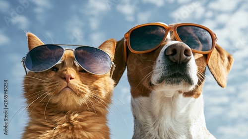 Stylish Orange Cat and Brown White Dog Wearing Sunglasses Together