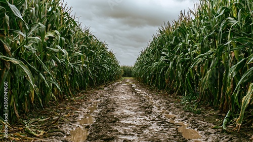 Lush Maize Field with Green Stalks on Cloudy Day Pathway View