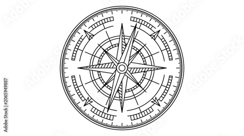Detailed circular nautical compass rose illustration featuring sharp black lines on a clean white background for professional navigational design projects