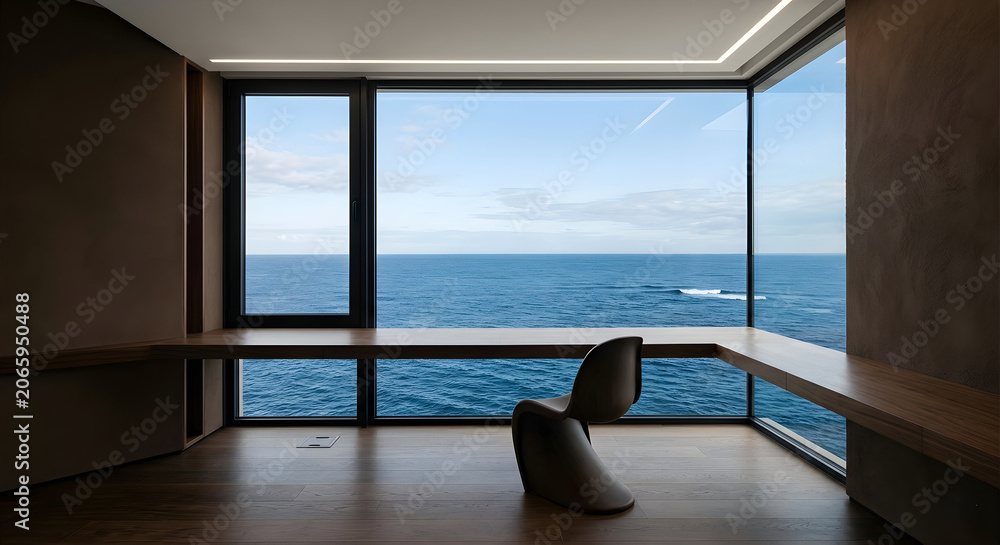 Obraz premium Modern minimalist home office interior with a panoramic ocean view and wooden desk.