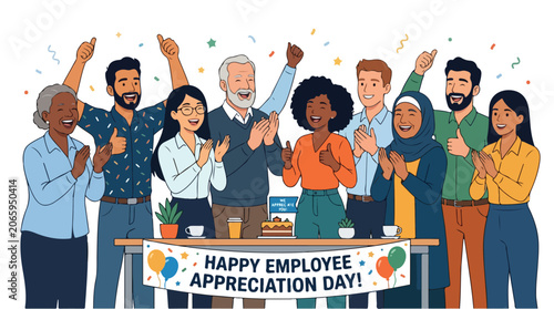 Diverse group of people celebrating Employee Appreciation Day with a banner in a colorful and joyful scene.