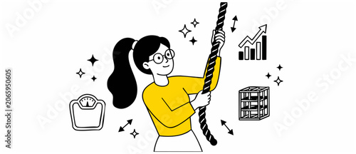Obraz na plátně Woman climbing rope vector illustration of female character striving for success, business growth, fitness career goals and overcoming obstacles